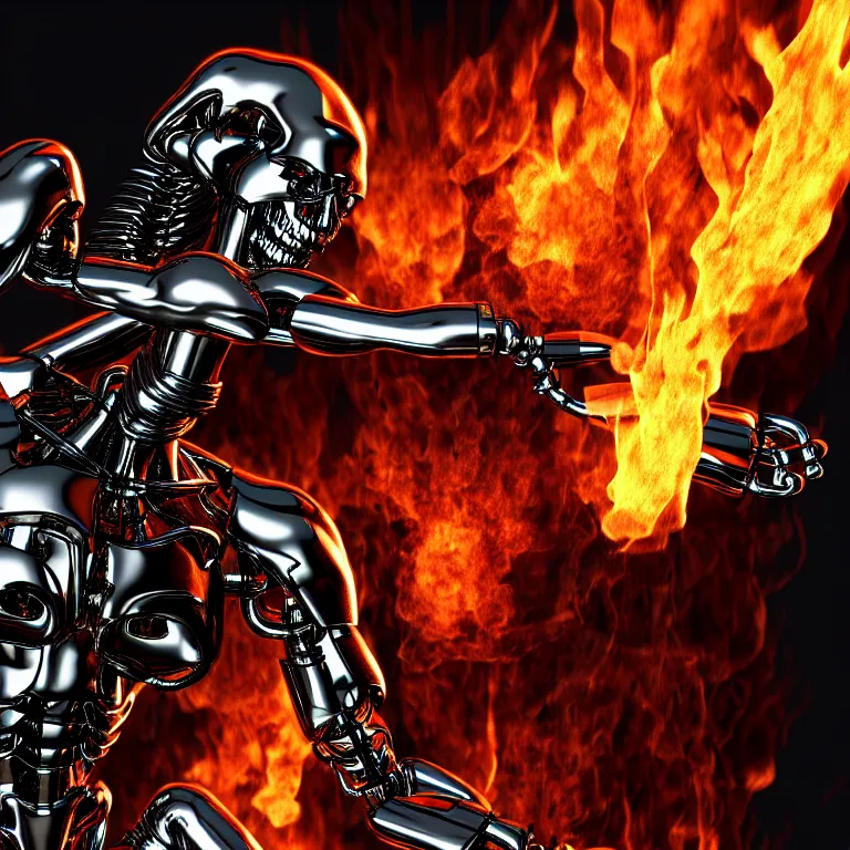 Image similar to terminator endoskeleton with fire behind it movie still, chrome, shiny, reflective, metallic, 3 d render, 3 d rendered, hdr, unreal engine 5, ray tracing, dramatic lighting, flame colors bright,