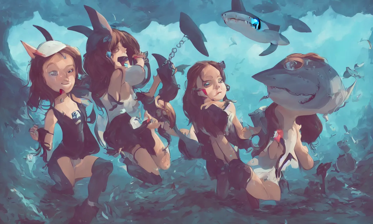 Prompt: A shark girl get stolen by a criminal rabbit while an owl and mother nature watch, digital paiting, trending in artstation. 8k