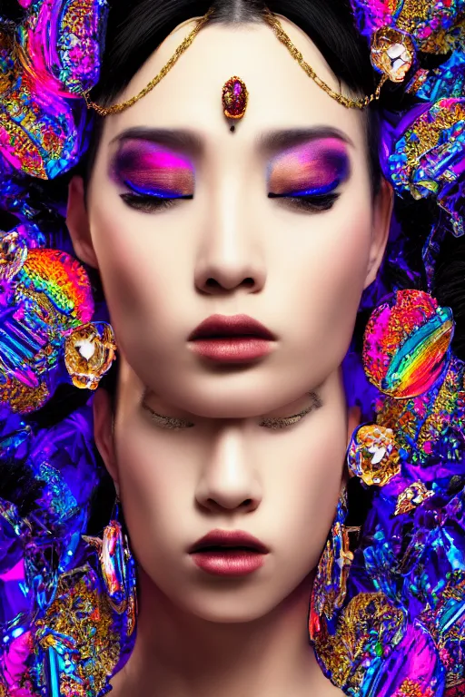 Image similar to a singular beautiful empress dramatic portrait, black hair, with a brilliant, impossible striking shiny big multi colored crystal headpiece, symmetrical, reflective surface, rainbow crystal clothes, rococo, baroque, jewels, asian, realistic, dramatic studio lighting, closeup, D&D, fantasy, intricate, elegant, highly detailed, digital painting, artstation, octane render, 8k, concept art, matte, sharp focus, illustration, art by Artgerm and Greg Rutkowski and Alphonse Mucha