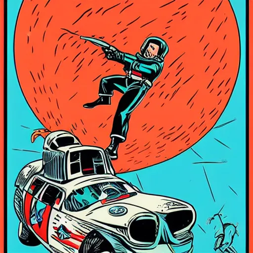 Image similar to pin-up art of a space marine riding a nuclear bomb like in dr. strangelove in vintage colours by mcbess