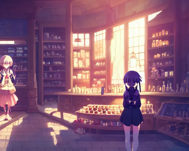 Image similar to anime visual, portrait of a young female traveler in a alchemist's potion shop interior, cute face by yoh yoshinari, katsura masakazu, cinematic luts, cold studio lighting, dynamic pose, dynamic perspective, strong silhouette, anime cels, ilya kuvshinov, cel shaded, crisp and sharp, rounded eyes