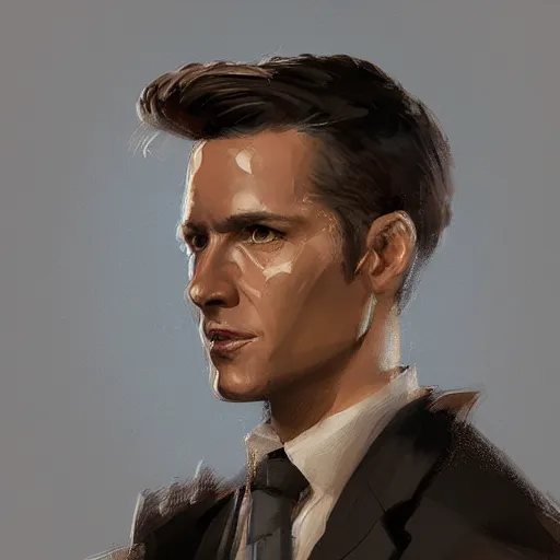 Image similar to Portrait of a man by Greg Rutkowski, he is about 30 years old, mixture between russian and German, coiffed brown hair, attractive, smart looking, he is wearing a black futuristic lawyer outfit, highly detailed portrait, scifi, digital painting, artstation, concept art, smooth, sharp foccus ilustration, Artstation HQ