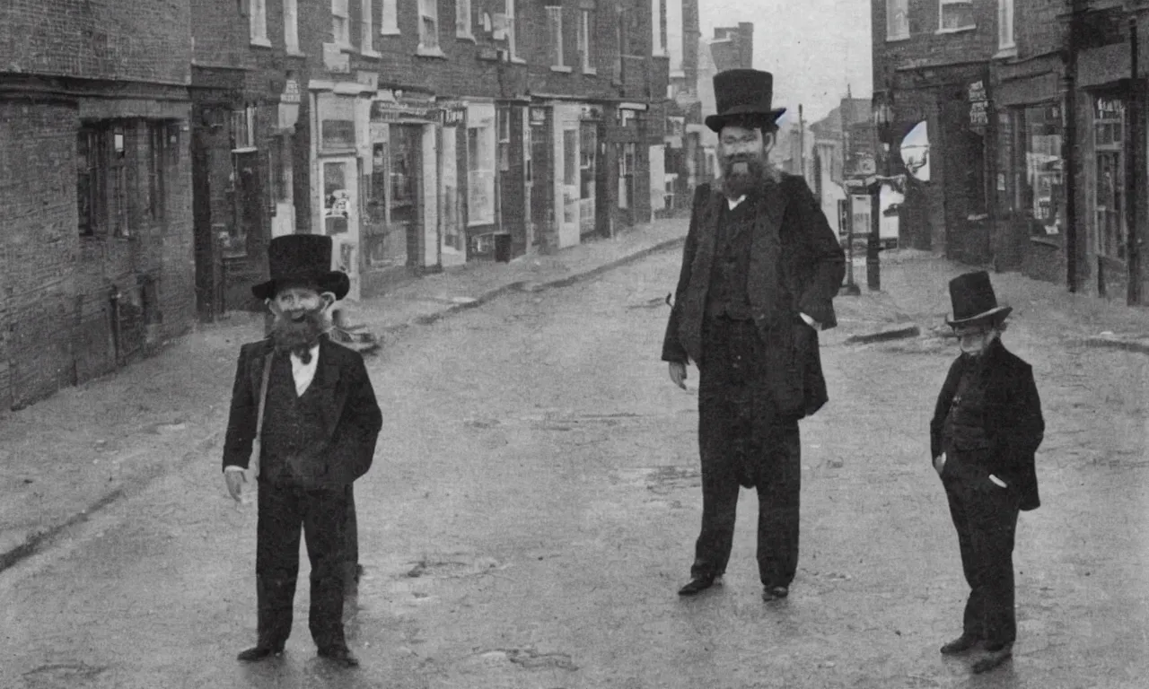 Image similar to leprechaun standing on the streets of british town, newspaper photo