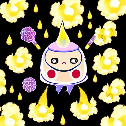 Image similar to kawaii wacky fluffy popcorn with lightning bolt power, yokai, in the style of a manga character, with a smiling face and flames for hair, sitting on a lotus flower, white background, simple, clean composition, symmetrical