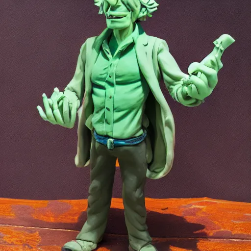 Prompt: a clay sculpture of the character rick sanchez