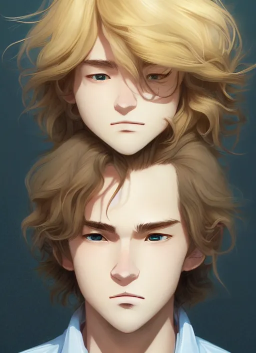 Image similar to young man with medium - length, curly, golden hair, perfectly proportioned face, aquamarine eyes, sorrow, natural lighting, path traced, highly detailed, high quality, cartoon, digital painting, by new haicheng and studio ghibli