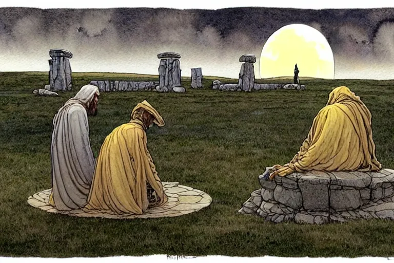 Image similar to a realistic and atmospheric watercolour fantasy concept art of a metallic ufo landing in a large stonehenge. medieval monk in grey robes on his knees praying. a crescent moon in the sky. muted colors. by rebecca guay, michael kaluta, charles vess and jean moebius giraud