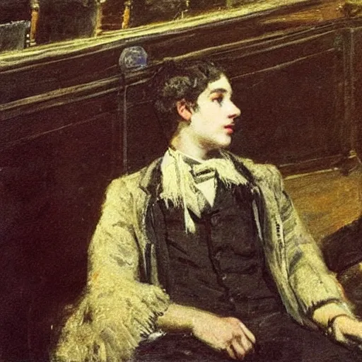 Prompt: a young man watching an actress on stage in an old theater, by alfred stevens