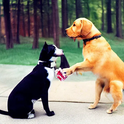 Prompt: photo cat and dog shaking each others paws, kodak portra 4 0 0 color negative film