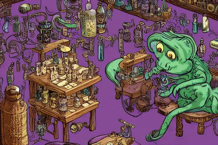 Image similar to Uncle Aloysius, snake oil salesman, wild west crypto pharmaceutical industrialist apothecary alchemist tinkerer engineer, cute, fantasy, intricate, elegant, highly detailed, digital painting, 4k, HDR, concept art, smooth, sharp focus, illustration, purple green color scheme, art by Ed Roth and H R Giger and Greg Rutowski and Lisa Frank