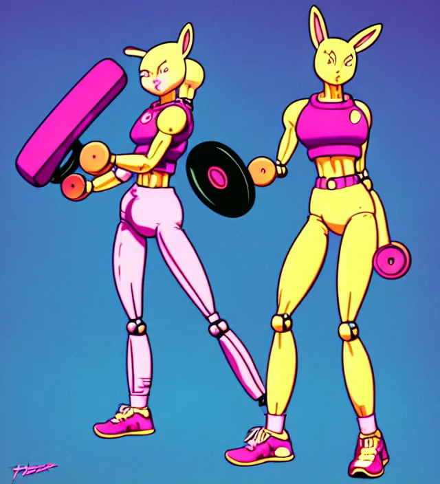 Prompt: retrowave robot rabbit girl in workout clothes, carrying eletro - whip, animation character design by akira toriyama, don bluth, jack kirby, alex toth, hasbro, action - adventure, sharp detail, artstation trending, conceptart. com