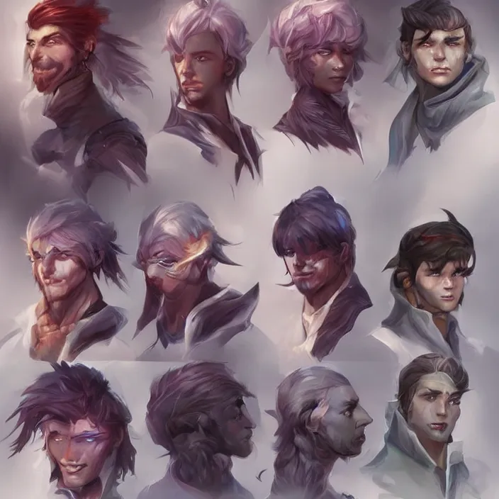 Image similar to concept art of young male wizard d & d video game characters head designs, unique hair designs, by marc brunet and artgerm