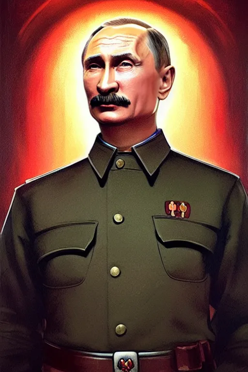 Prompt: vladimir putin as stalin, realistic portrait, symmetrical, highly detailed, digital painting, artstation, concept art, smooth, sharp focus, illustration, cinematic lighting, art by artgerm and greg rutkowski and alphonse mucha