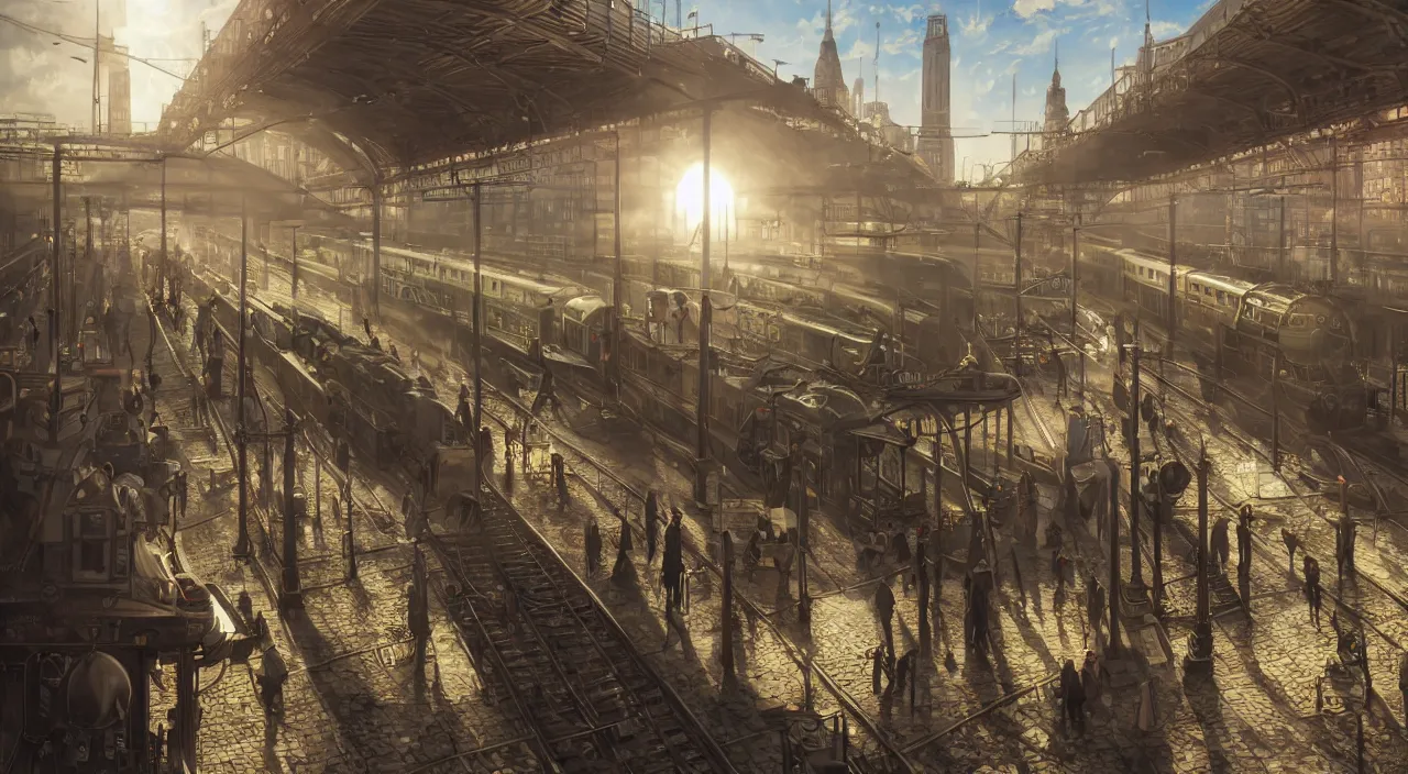 Image similar to photorealistic subway station with arriving steam trains, daylight, sunlight, lens flare, highly detailed, digital painting, artstation, concept art, smooth, sharp focus, 8k, photorealistic, 25mm f/1.7 ASPH Lens, ultra realistic steampunk illustration, art by greg rutkowski and alphonse mucha