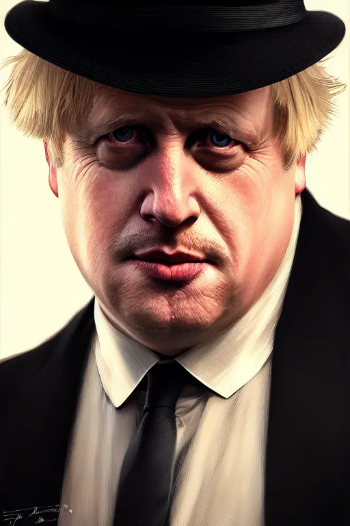 Image similar to Boris Johnson as Vito Corleone, realistic portrait, symmetrical, highly detailed, digital painting, artstation, concept art, smooth, sharp focus, illustration, cinematic lighting, art by artgerm and greg rutkowski and alphonse mucha