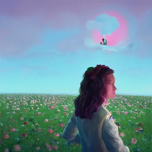 Image similar to portrait, giant rose flower head, girl in a suit, surreal photography, sunrise, blue sky, dramatic light, impressionist painting, digital painting, artstation, simon stalenhag