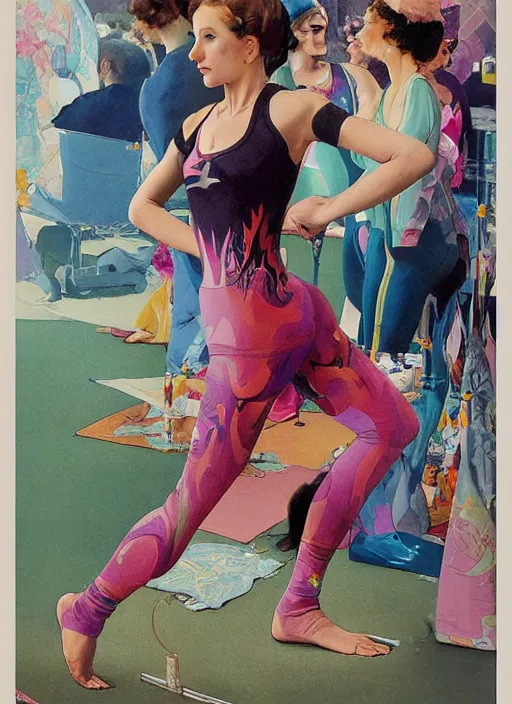 Image similar to an art nouveau copic maker poster of a girl wearing yoga clothing designed by balenciaga by john berkey and norman rockwell