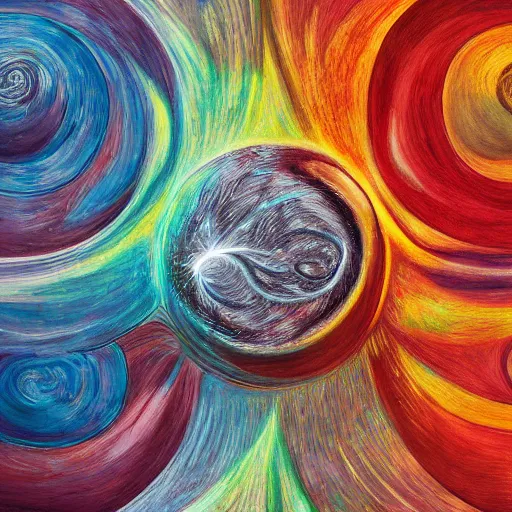 Prompt: photorealistic hyperdetailed abstract painting of the abstract sun and the abstract moon, whose lights entangle in multiple inverse colourful surreal spirals