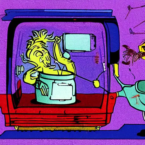 Prompt: Cinematic Imax depiction of a brain in jar cyborg welding a car door, robotic limbs in the style of Dr Suess and Hieronymus Bosch, violet color palette with brightened hues