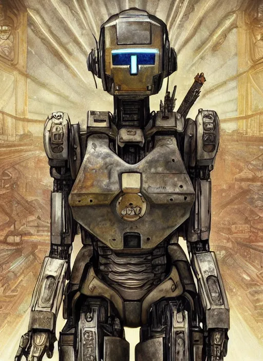 Prompt: chappie robot from thr Chappie movie as God, fantasy, intricate, elegant, highly detailed, digital painting, 4k, HDR, concept art, smooth, sharp focus, illustration, art by alphonse mucha,artgerm, H R Giger