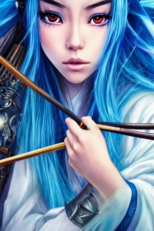 Image similar to highly detailed beautiful photo of madison beer as a young female samurai, swinging her sword, symmetrical face, beautiful eyes, cobalt blue hair, realistic anime art style, 8 k, award winning photo, pastels colours, action photography, 1 / 1 2 5 shutter speed, sunrise lighting