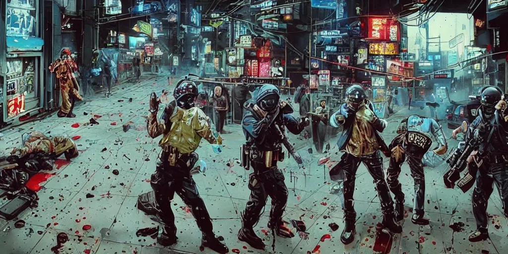 Prompt: 1992 Video Game Concept Art, Anime Neo-tokyo Cyborg bank robbers vs police, Set in Cyberpunk Bank Lobby, bags of money, Multiplayer set-piece :9, Police officers hit by bullets, Police Calling for back up, Bullet Holes and Blood Splatter, :6 ,Hostages, Smoke Grenades, Riot Shields, Large Caliber Sniper Fire, Chaos, Cyberpunk, Money, Anime Bullet VFX, Machine Gun Fire, Violent Gun Action, Shootout, Escape From Tarkov, Payday 2, Highly Detailed, 8k :7 by Katsuhiro Otomo + Studio Gainax + Sanaril : 8