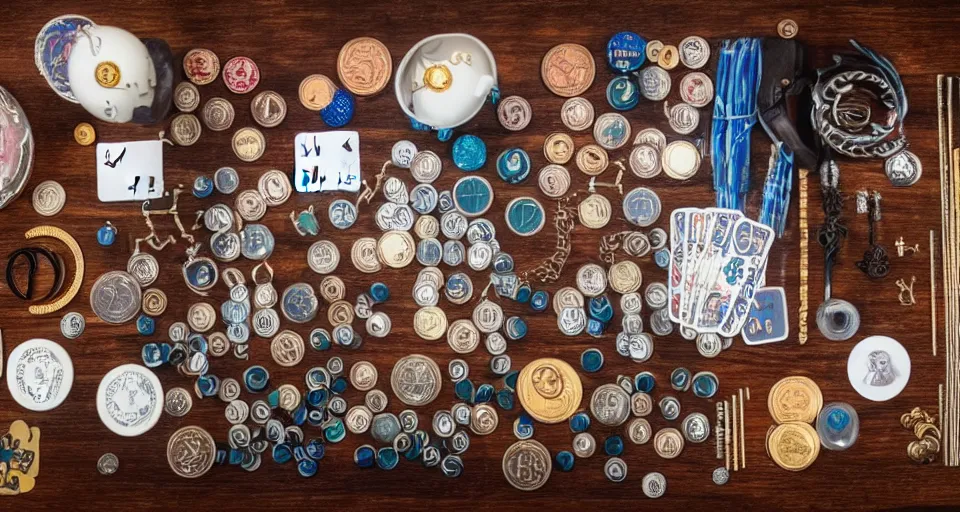 Prompt: a knolling of magicians props, wands, linking rings, playing cards, coins, cups and balls, overhead view, flatlay