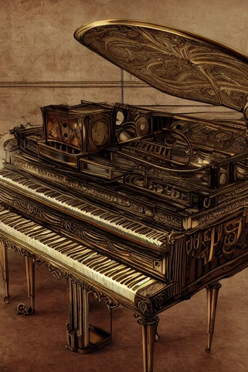 Image similar to Tonemapped Steampunk harpsichord, Artstation, photorealistic