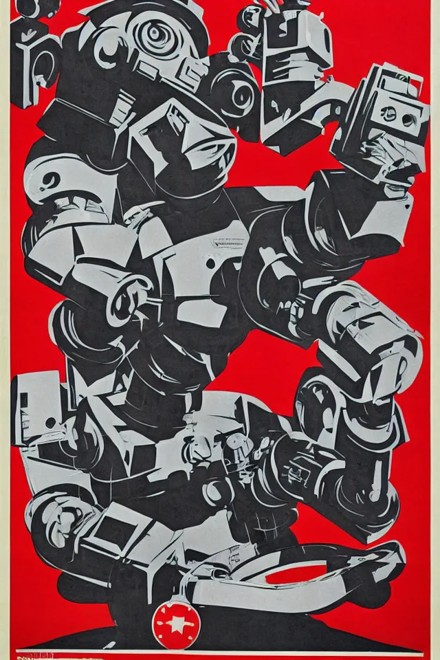 Prompt: an epic socialist realism poster of a singular communist 1 9 6 0 s sci - fi robot in a red beret playing a modular synthesizer