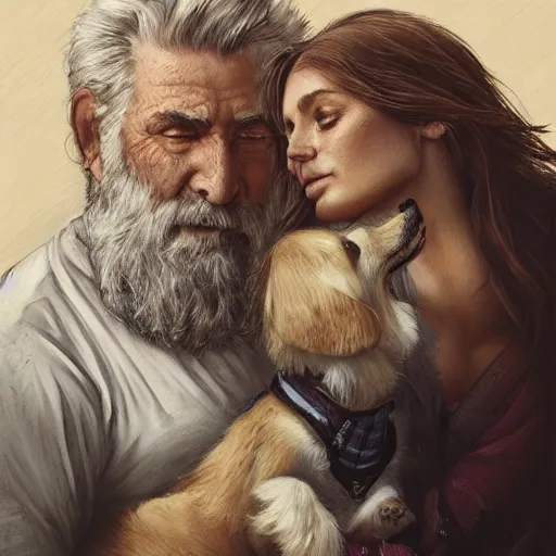 Image similar to portrait of a old, ruggedly handsome bearded man cuddling a corgi dog, soft hair, muscular, half body, cloth, d & d, fantasy, intricate, elegant, highly detailed, digital painting, artstation, concept art, smooth, sharp focus, illustration, art by artgerm and greg rutkowski and alphonse mucha