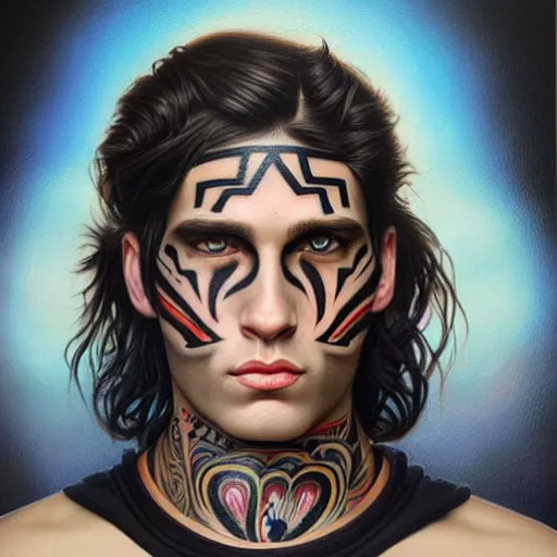 Image similar to ultra realistic portrait painting of a perfect handsome man blue eyes black hair, neck tribal snake tattoo, painted by Tristan Eaton Stanley Artgerm and Tom Bagshaw