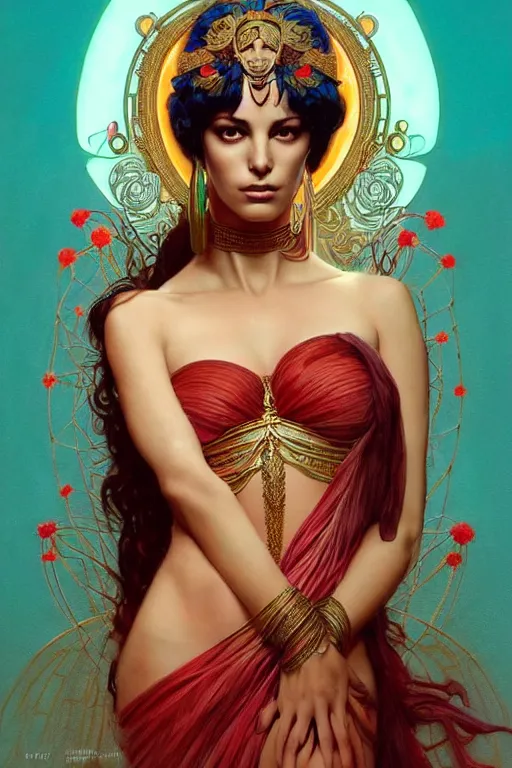 Image similar to monica belucci as the goddess hera, paper dress, volumetric lights, red and cyan theme, art nouveau botanicals, intricate, highly detailed, digital painting, artstation, concept art, smooth, sharp focus, symmetric face, illustration, art by artgerm and greg rutkowski and alphonse mucha