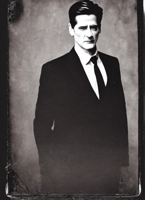 Prompt: tintype photograph of agent dale cooper from twin peaks in the red room, old, grainy, ominous, black and white