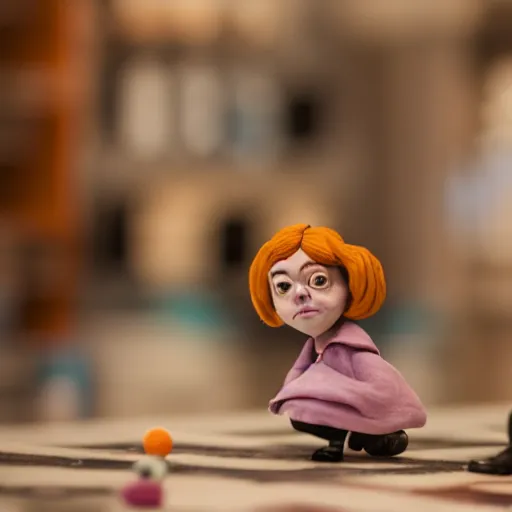 Image similar to a cinematic film still of a claymation stop motion film starring emma stone as shopkeeper, shallow depth of field, 8 0 mm, f 1. 8