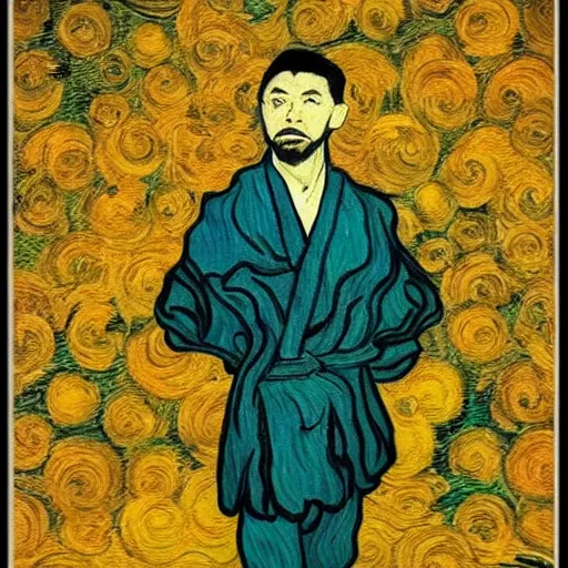 Image similar to an artistic portrait of armond of the white lotus, high quality, studio photography, colorful, hero, heroic, beautiful, in the style of vincent van gogh