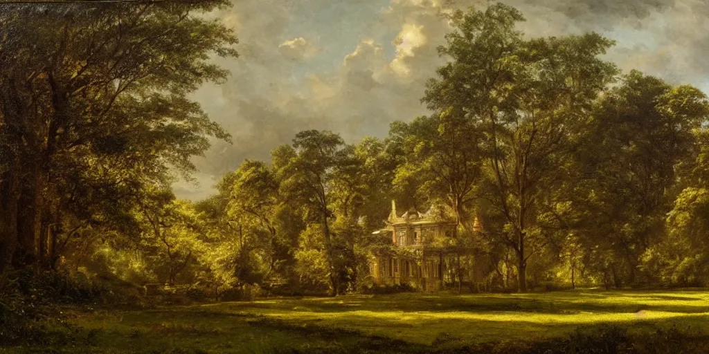 Image similar to landscape of a large victorian manor house in a pine forest, well lit, detailed, cinematic lighting, oil painting