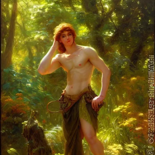 Prompt: attractive male fairy in the forest posing. highly detailed painting by gaston bussiere, craig mullins, j. c. leyendecker, 8 k