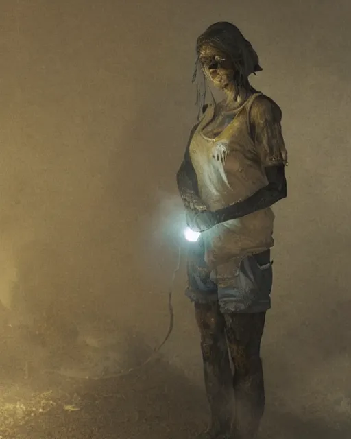 Image similar to a coalminer woman covered in coal dust in a mine lit by kerosene lamps, sweaty and gross pioneer work, atmospheric lighting, detailed body and face, by makoto shinkai, stanley artgerm lau, wlop, rossdraws