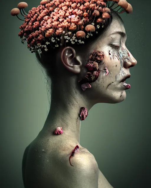 Image similar to a disturbing horror photograph of a beautiful crying woman with flowers and fungus growing out of her head m, intricate, hyperrealism, sharp focus, cinematography, highly detailed, octane render, digital horror artwork, matte, photography by professional photographer