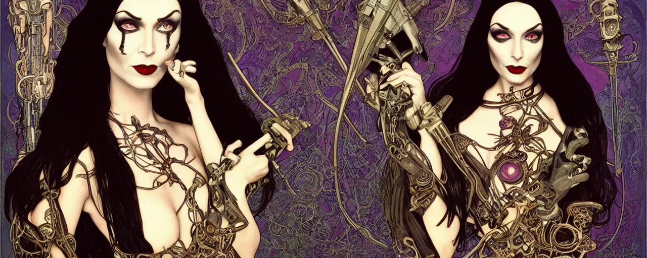 Image similar to beautiful enticing cyberpunk art nouveau style portrait of morticia addams as a gigerpunk rebel soldier by olivia de bernardinis, moebius, chris achilleos and alphonse mucha, photorealism, extremely hyperdetailed, perfect symmetrical facial features, perfect anatomy, ornate declotage, latex, weapon, high technical detail, confident expression, wry smile