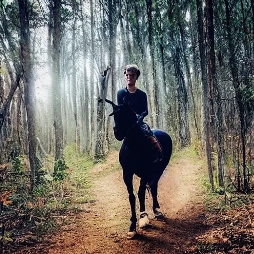 Prompt: trail cam of a teenager with short black curly hair on the woods riding a real unicorn