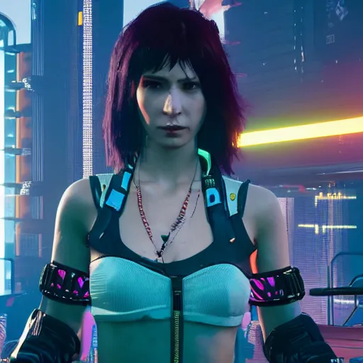 Image similar to female V from Cyberpunk 2077 wearing spiked choker, collar, choker, punk, 4K