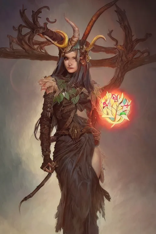 Image similar to cute Tiefling Druid with long horns, colorful leaves on light leather armor, holding tree staff, ,demon tail light-brown skin, highly detailed, digital painting, artstation, concept art, sharp focus, illustration, art by artgerm and greg rutkowski and alphonse mucha