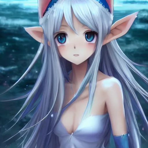 Prompt: a very beautiful anime elf girl, full body, long straight silver hair, sky blue eyes, full round face, short smile, casual clothes, ice snowy lake setting, cinematic lightning, medium shot, mid-shot, highly detailed, trending on Artstation, Unreal Engine 4k, cinematic wallpaper by Stanley Artgerm Lau, WLOP, Rossdraws, James Jean, Andrei Riabovitchev, Marc Simonetti, and Sakimichan