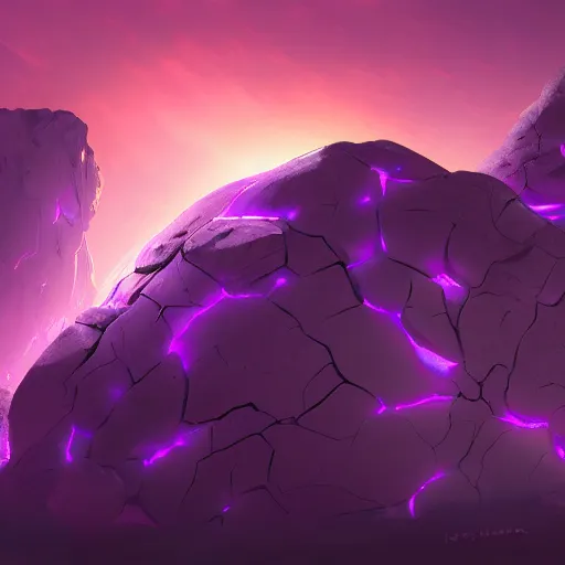 Prompt: a boulder with violet glowing cracks, black background, digital painting, d&d, fantasy, highly detailed, intricate, smooth, artstation, cinematic lighting