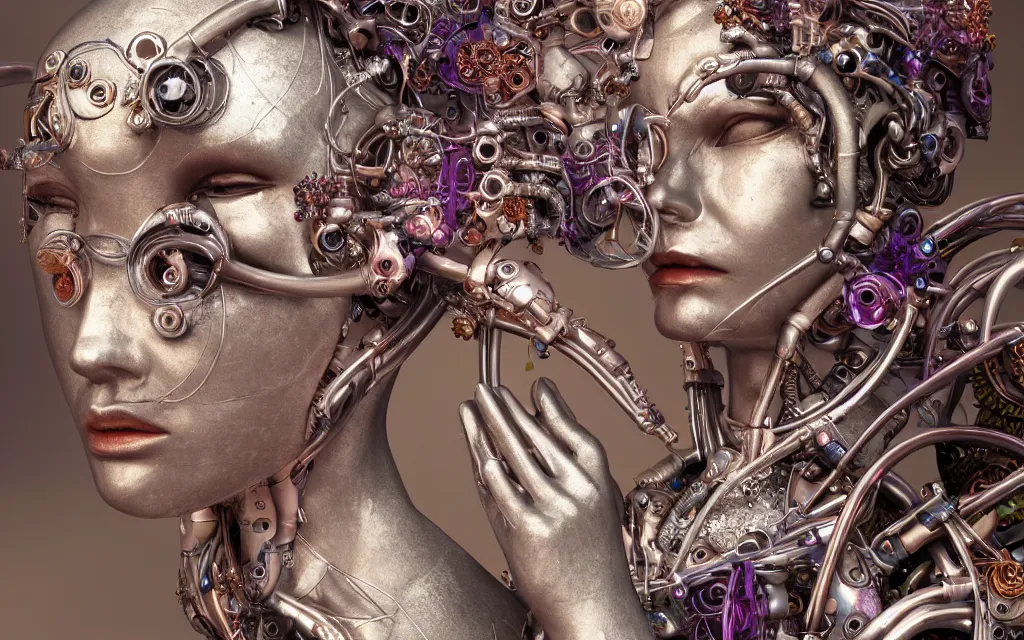 Prompt: mythical metallic colorful organic bio - mechanical spinal ribbed profile face portrait, detail of titanium mechanical beautiful female, angelic - cyborg, highly detailed, intricate steampunk floral ornate, poetic, 3 d render, digital art, octane render, 8 k artistic photography, photo - realistic, by dora maar