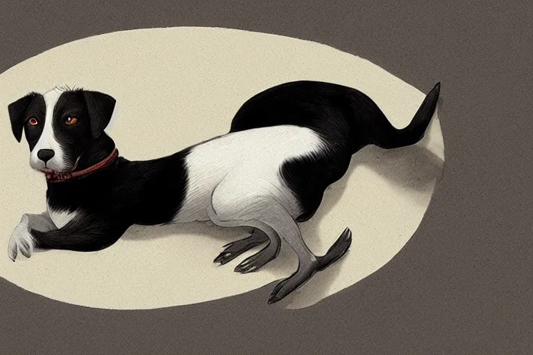 Prompt: cute black and white jack russel terrier laying on dog bed, large round eyes, concept art, matte painting, fantasy illustration, by victo ngai and diego gisbert llorens