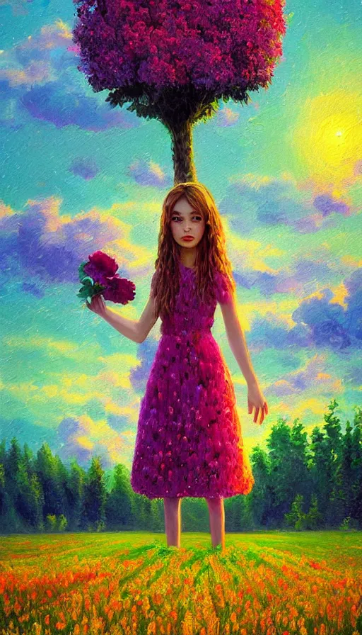 Image similar to girl with giant flower as a face and flower dress, standing in a flower field hills, big trees, sunrise dramatic light, impressionist painting, colorful clouds, digital painting, pointillism, artstation, simon stalenhag