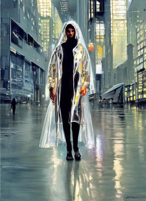 Image similar to a realistic portrait of a beautiful woman wearing a futuristic transparent raincoat with hoodie in a dystopian city, raining, by syd mead