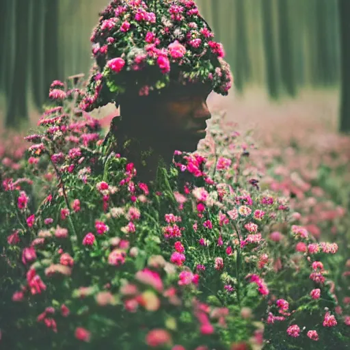 Image similar to close up kodak portra 4 0 0 photograph of a futuristic soldier in a flower crowd after the battle standing in dark forest, flower crown, moody lighting, telephoto, blurry background, faded